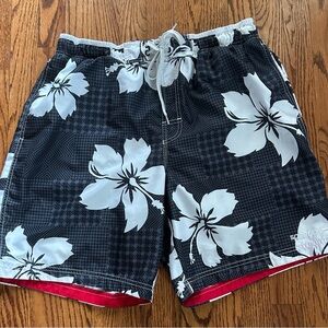 Men’s Speedo Swim Shorts Blue Gray White Floral Tropical Mesh Lined Pockets Sz L